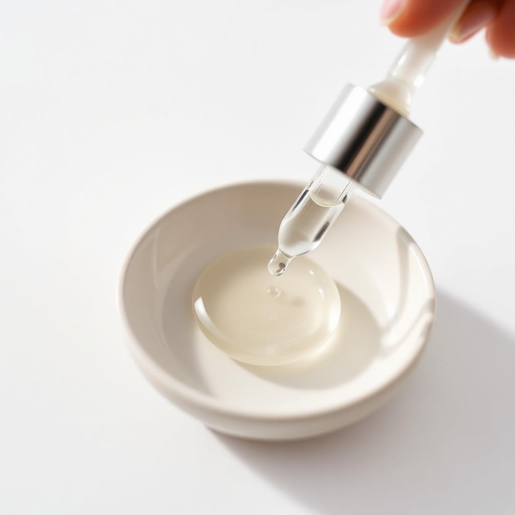 A clear gel acne spot treatment with a glass dropper resting on a pale ceramic dish.