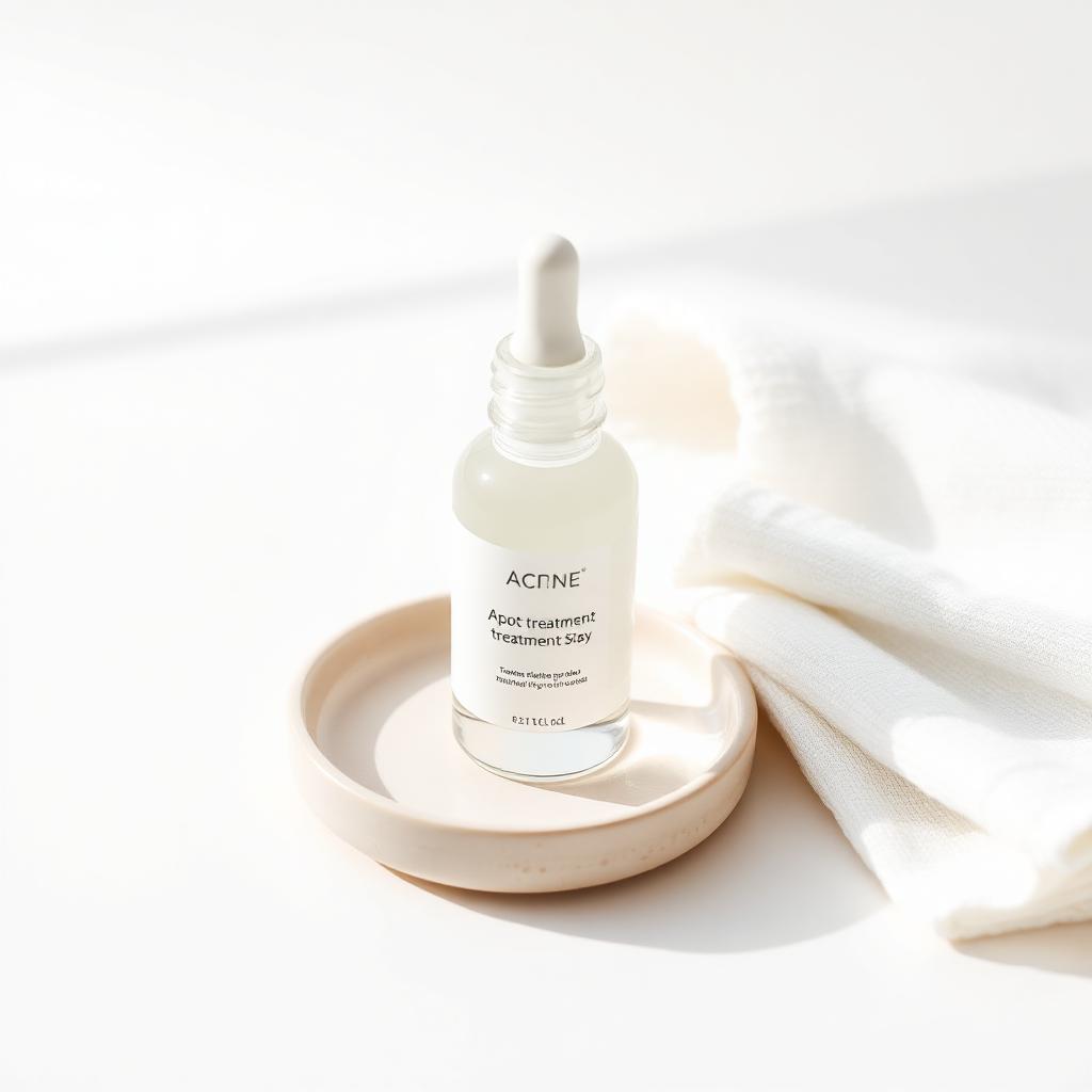 A clear acne spot treatment with a glass dropper on a pale ceramic dish beside a folded white cotton cloth.