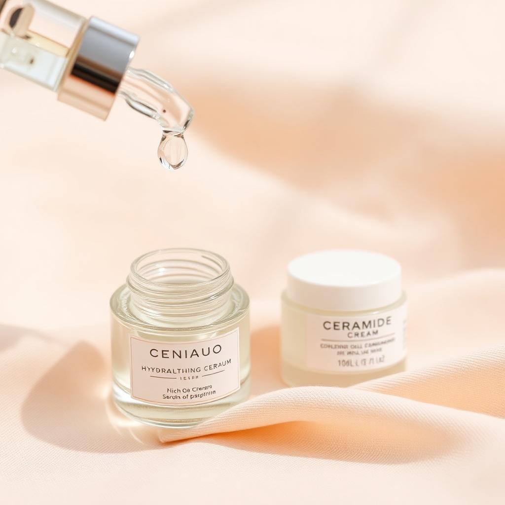 A glass dropper releasing a hydrating serum droplet next to a jar of ceramide cream on dewy pale peach linen.