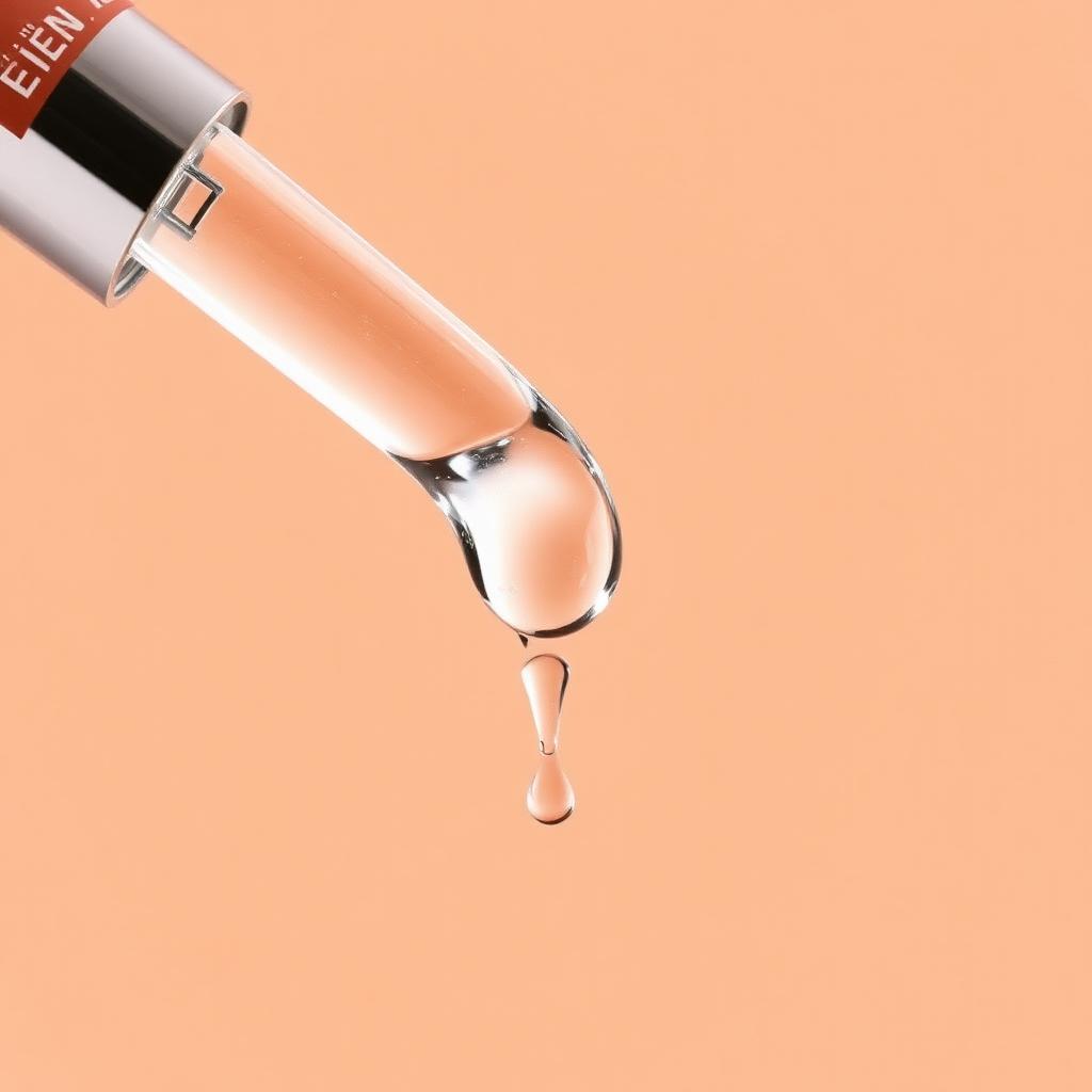 A glass dropper releasing a clear hyaluronic acid serum droplet against a soft peach background.