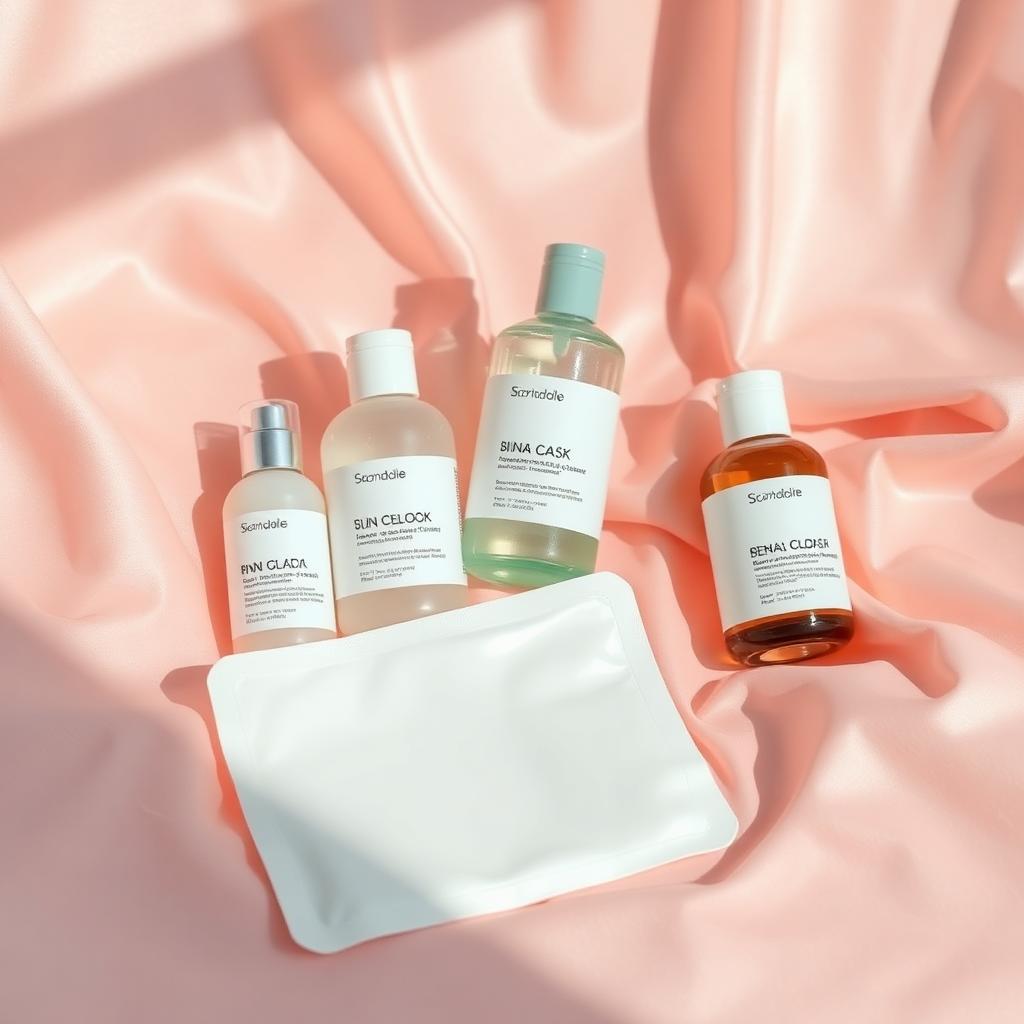 An elegant arrangement of layered Korean skincare bottles and a folded sheet mask on pale pink silk.