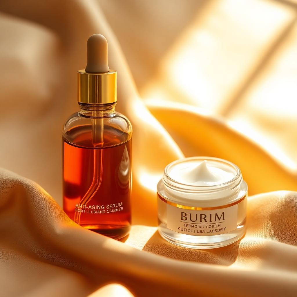 An amber glass anti-aging serum bottle with a gold dropper beside a jar of cream on warm beige silk in golden light.