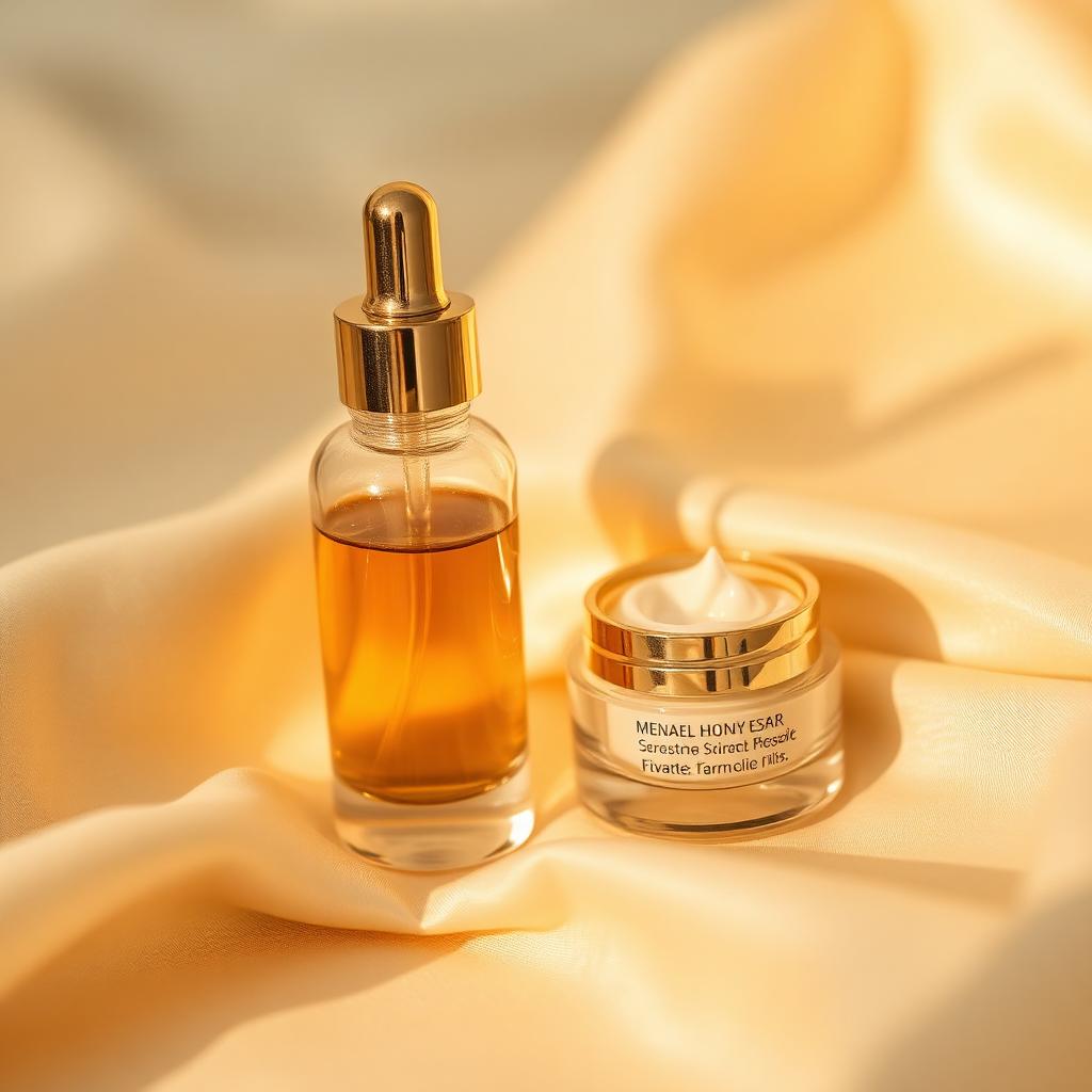 An amber glass serum bottle with a gold dropper beside a small jar of rich cream on warm ivory silk in golden light.
