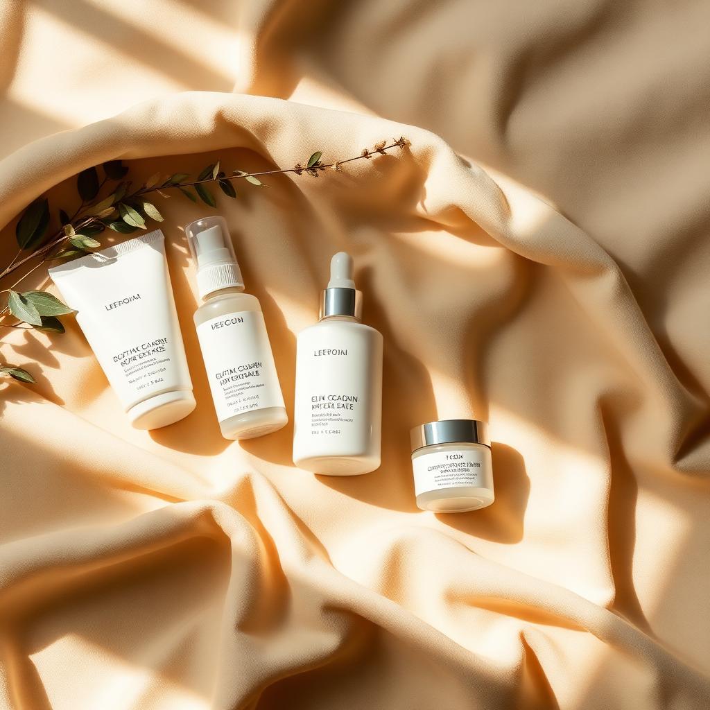 A flat-lay of minimal skincare products on warm cream linen in soft morning light.