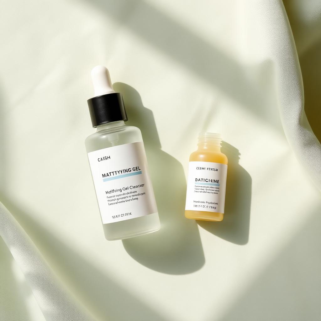 A mattifying gel cleanser and a small dropper of niacinamide serum on pale sage green linen in soft morning light.