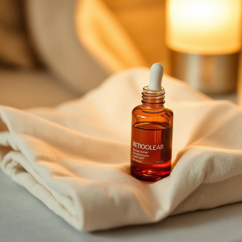 An amber glass retinol dropper bottle resting on a folded ivory linen cloth under warm evening lamp light.