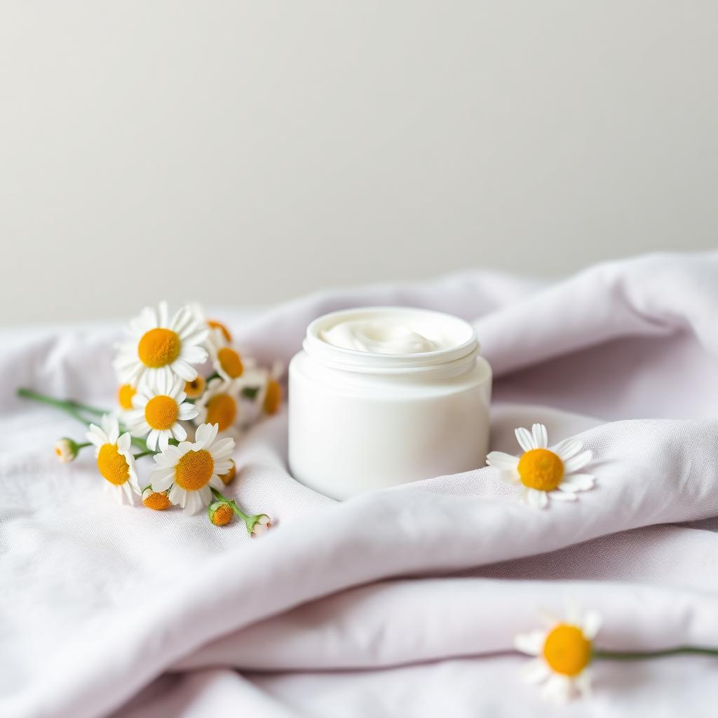 A soft white ceramic jar of fragrance-free cream beside fresh chamomile flowers on pale lavender linen.