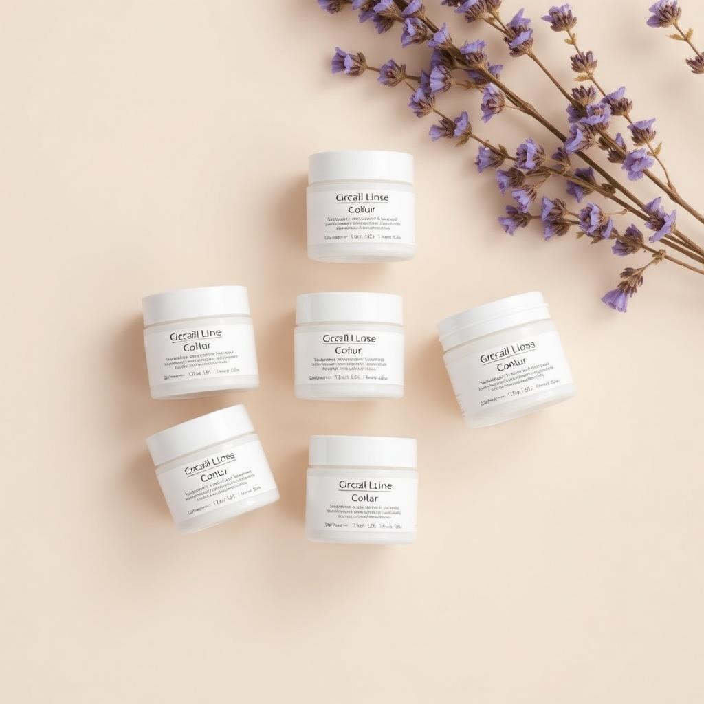 Five small white skincare jars arranged in a soft grid on a lavender and cream surface.